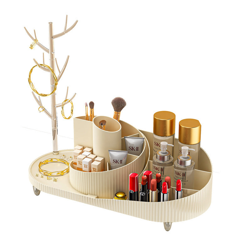 Rotating Makeup Organizer With Jewelry Storage  Large Capacity Cosmetic Display Case Holds 20 Brushes, 10 Lipsticks, 8 Skincare Products 360 Spinning Vanity Organizer For Countertop & Bathroom 🇨🇳