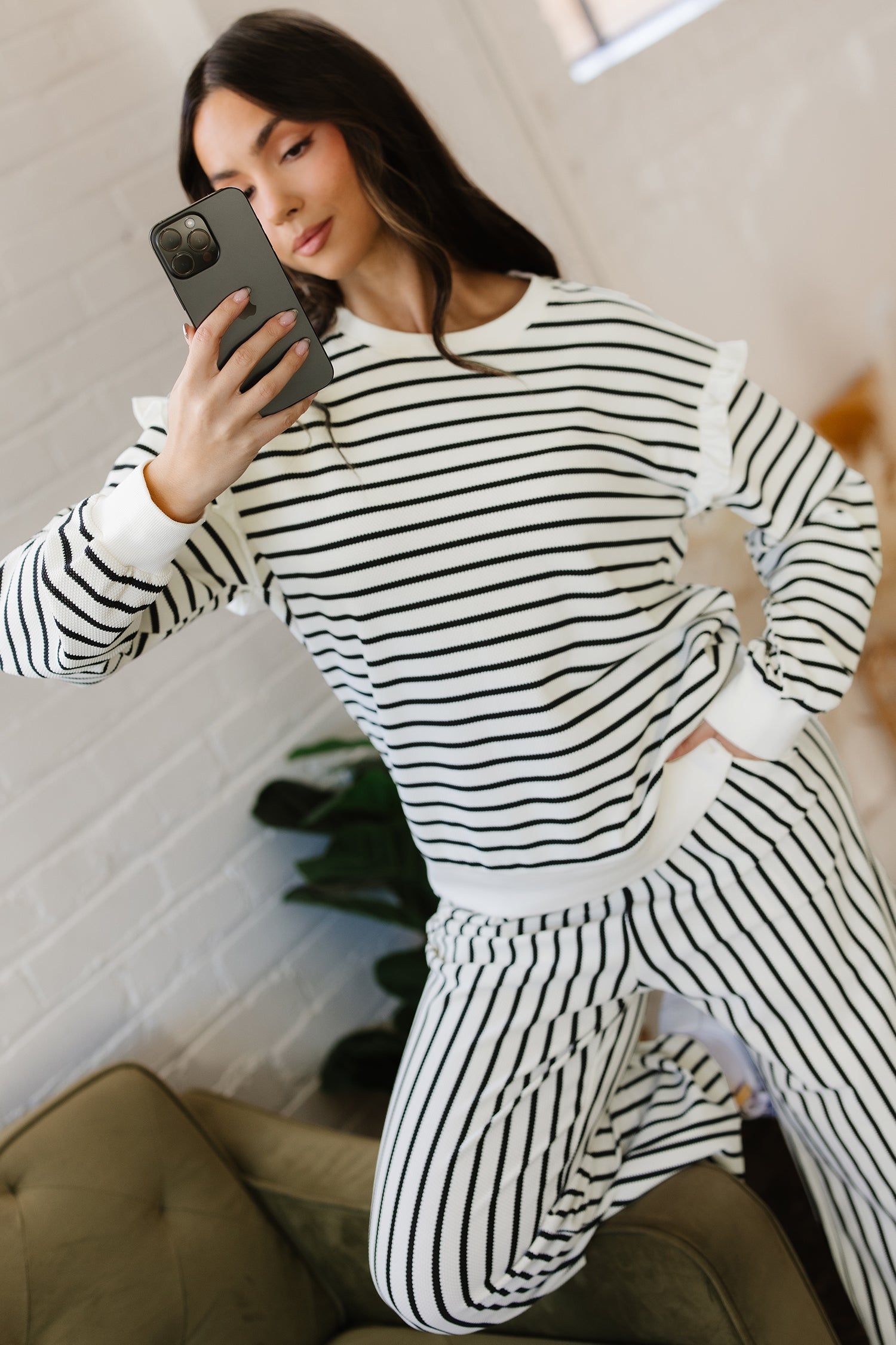 White Stripe Ruffle Trim Drop Shoulder Top Drawstring Loose Pant Set 🇺🇸