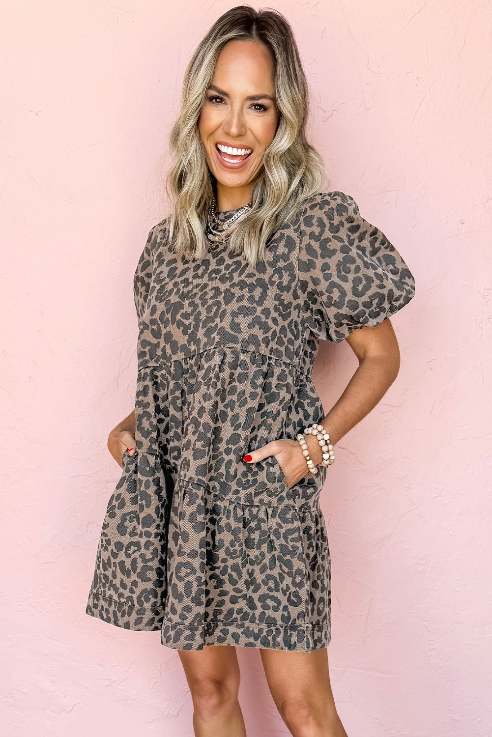 Brown Denim Leopard Printed Short Puff Sleeve Mini Dress 🇨🇳