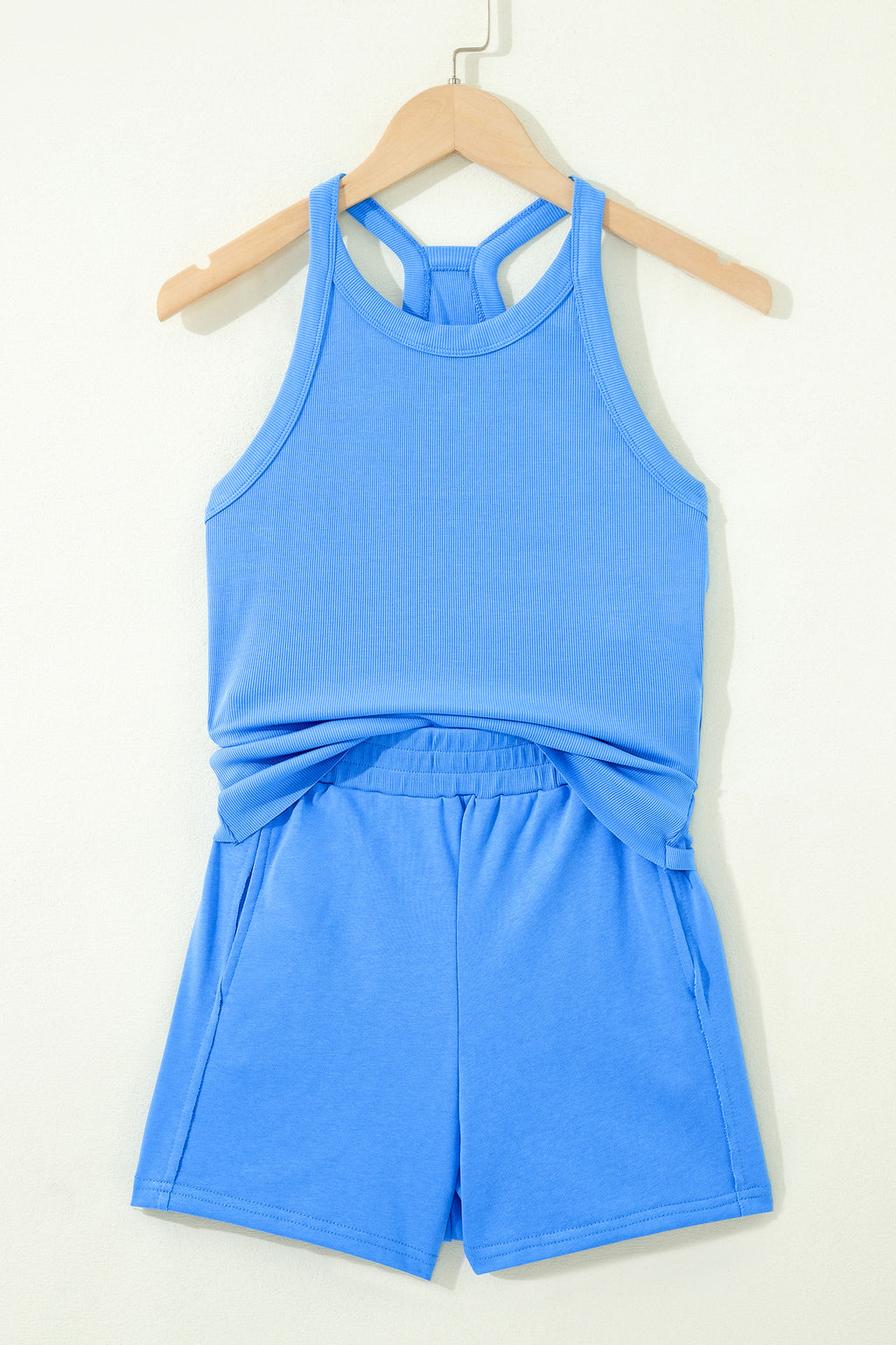 Sky Blue Slim Tank Top Elastic High Waist Shorts 2pcs Outfit 🇺🇸