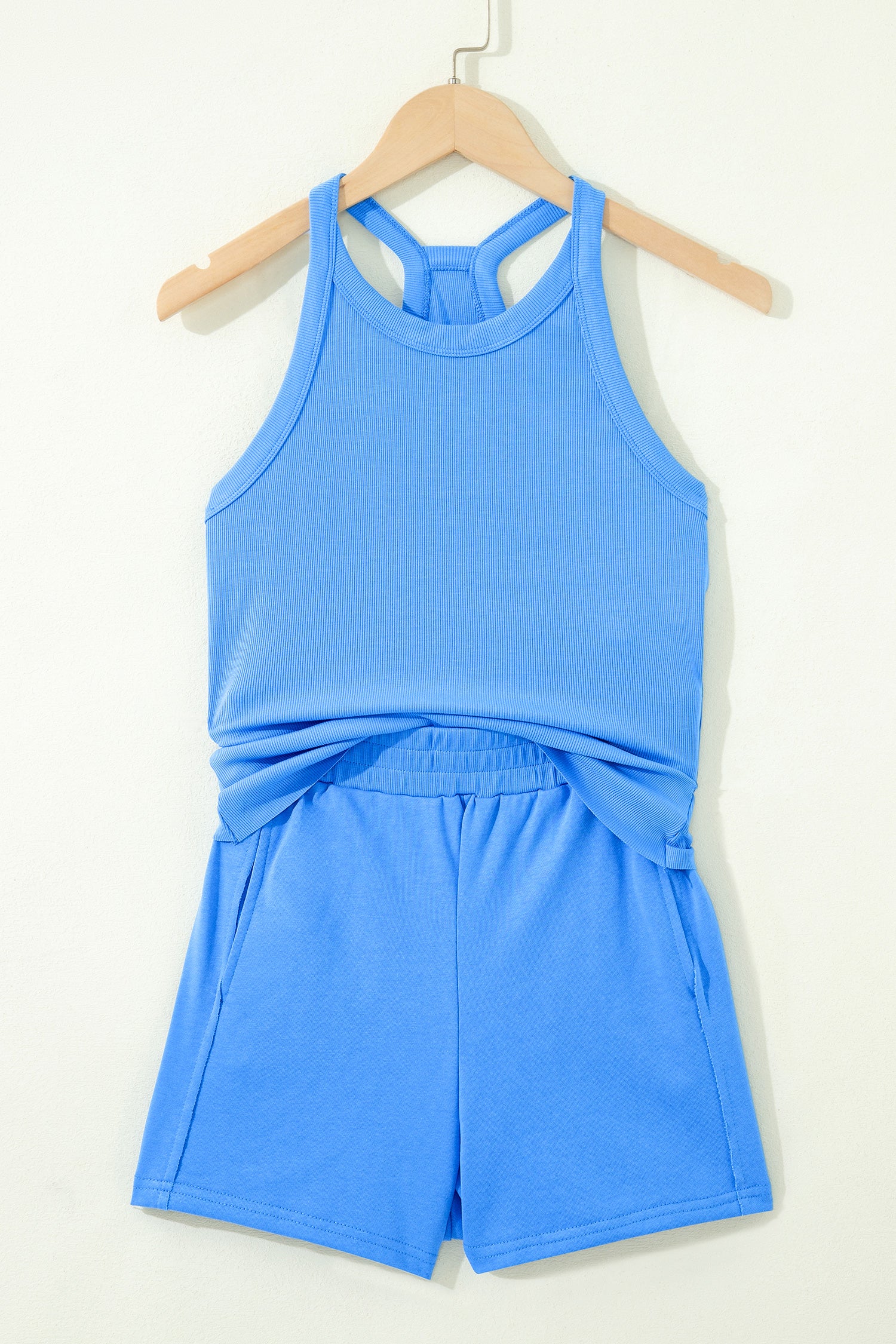 Sky Blue Slim Tank Top Elastic High Waist Shorts 2pcs Outfit 🇺🇸
