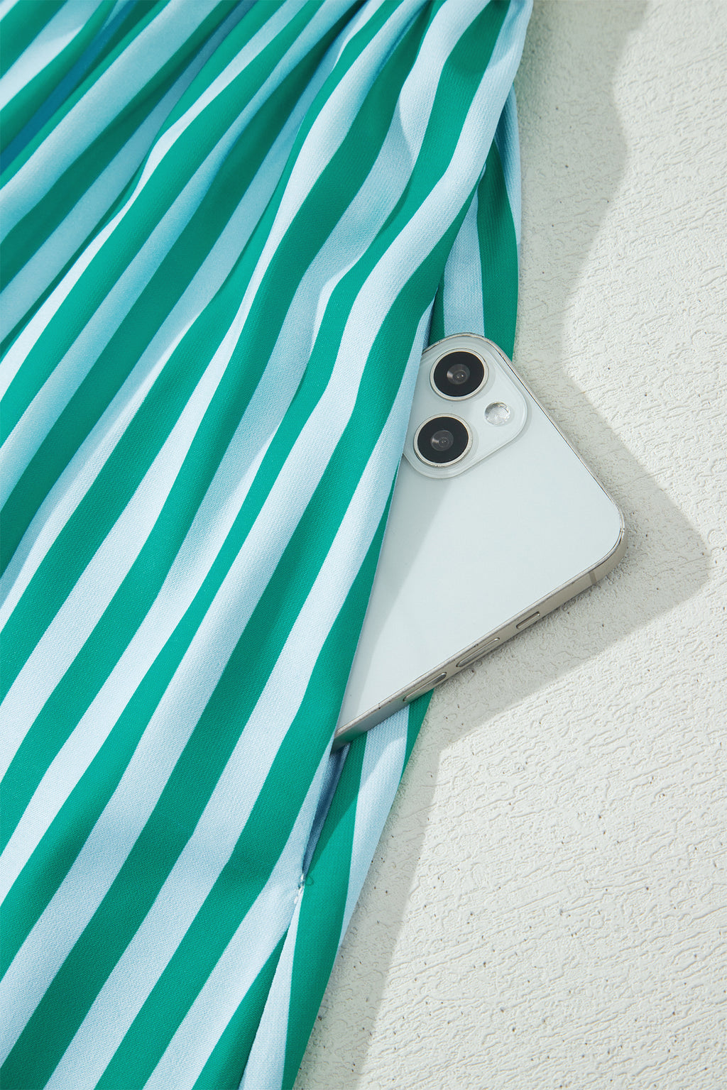 Green Stripe Scalloped Contrast Patchwork Knot Strap Midi Dress 🇺🇸