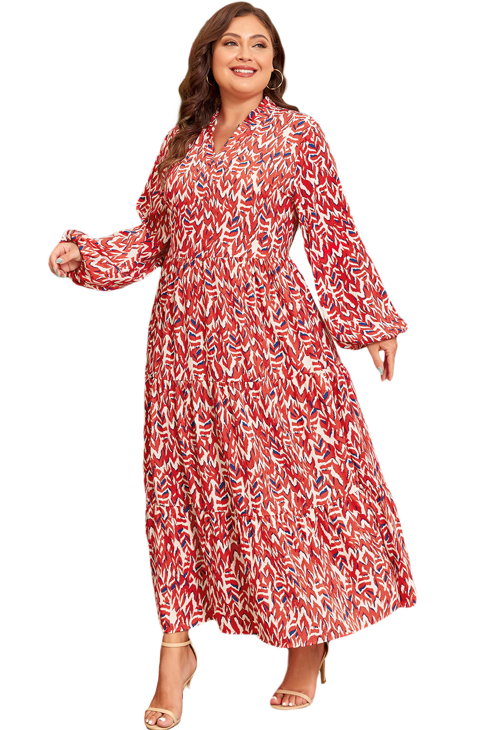Red Plus Size Abstract Print Notch V Neck High Waist Maxi Dress 🇺🇲