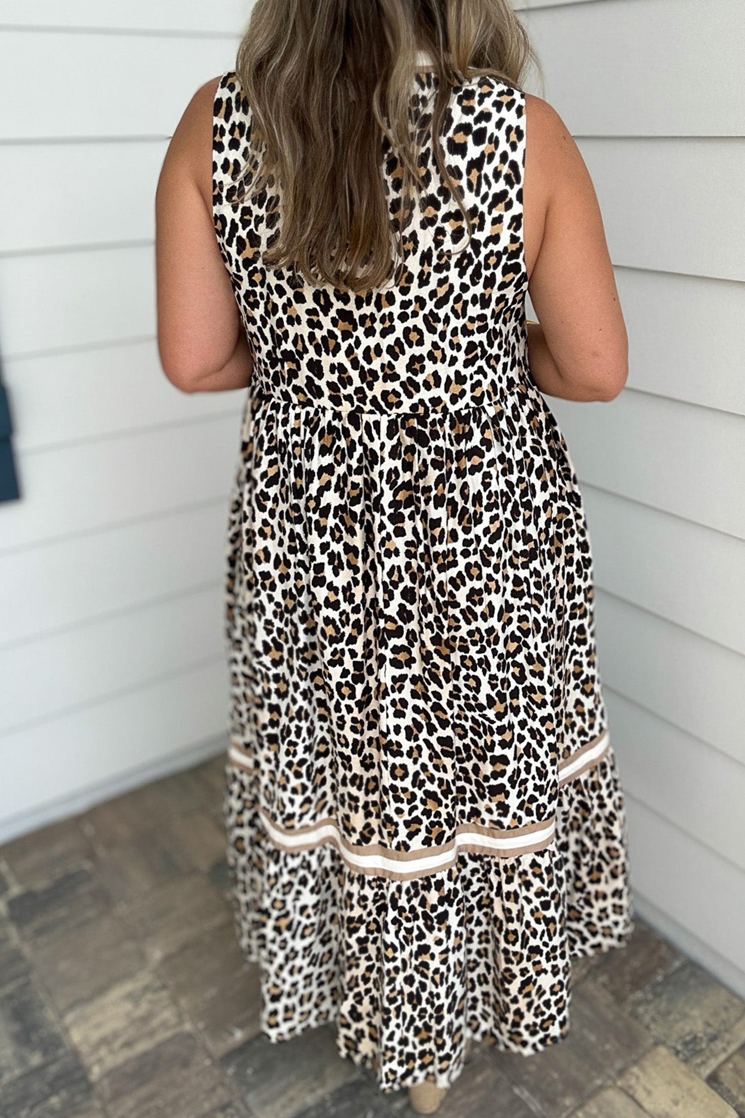 White Leopard Print Colorblock Trim Sleeveless Midi Dress