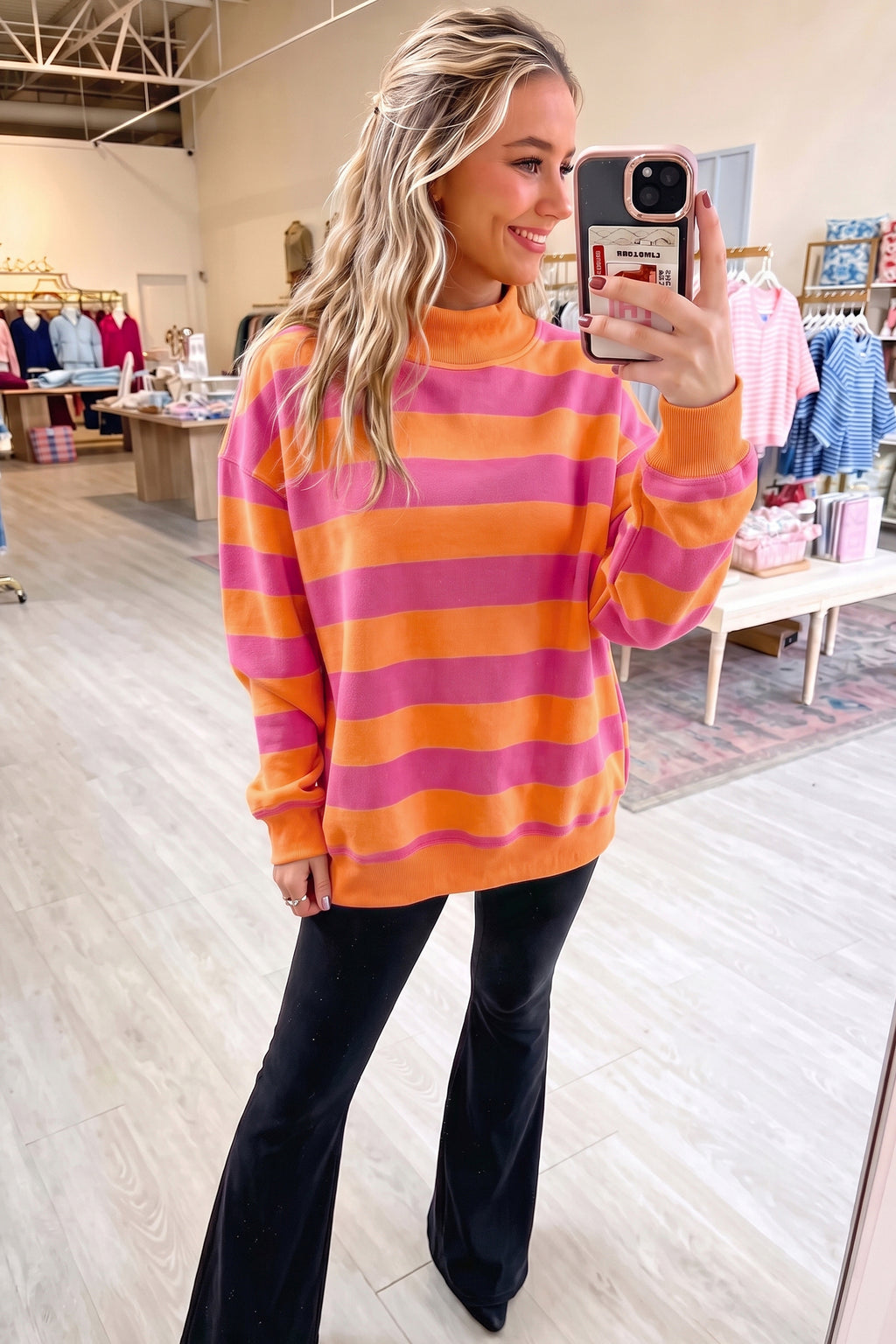Blue Stripe Colorblock Mock Neck Relaxed Sweatshirt 🇺🇸