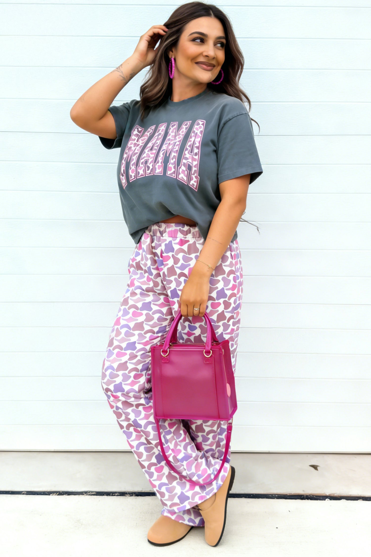 Medium Grey MAMA Letter Graphic Tee Camouflage Print Loose Pant Set 🇺🇸