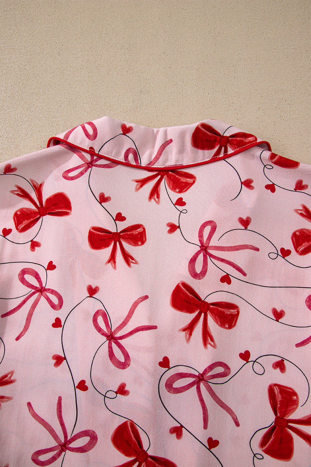 Red Bow Print Long Sleeve Shirt Shorts 2 Pcs Pajama Set 🇺🇸