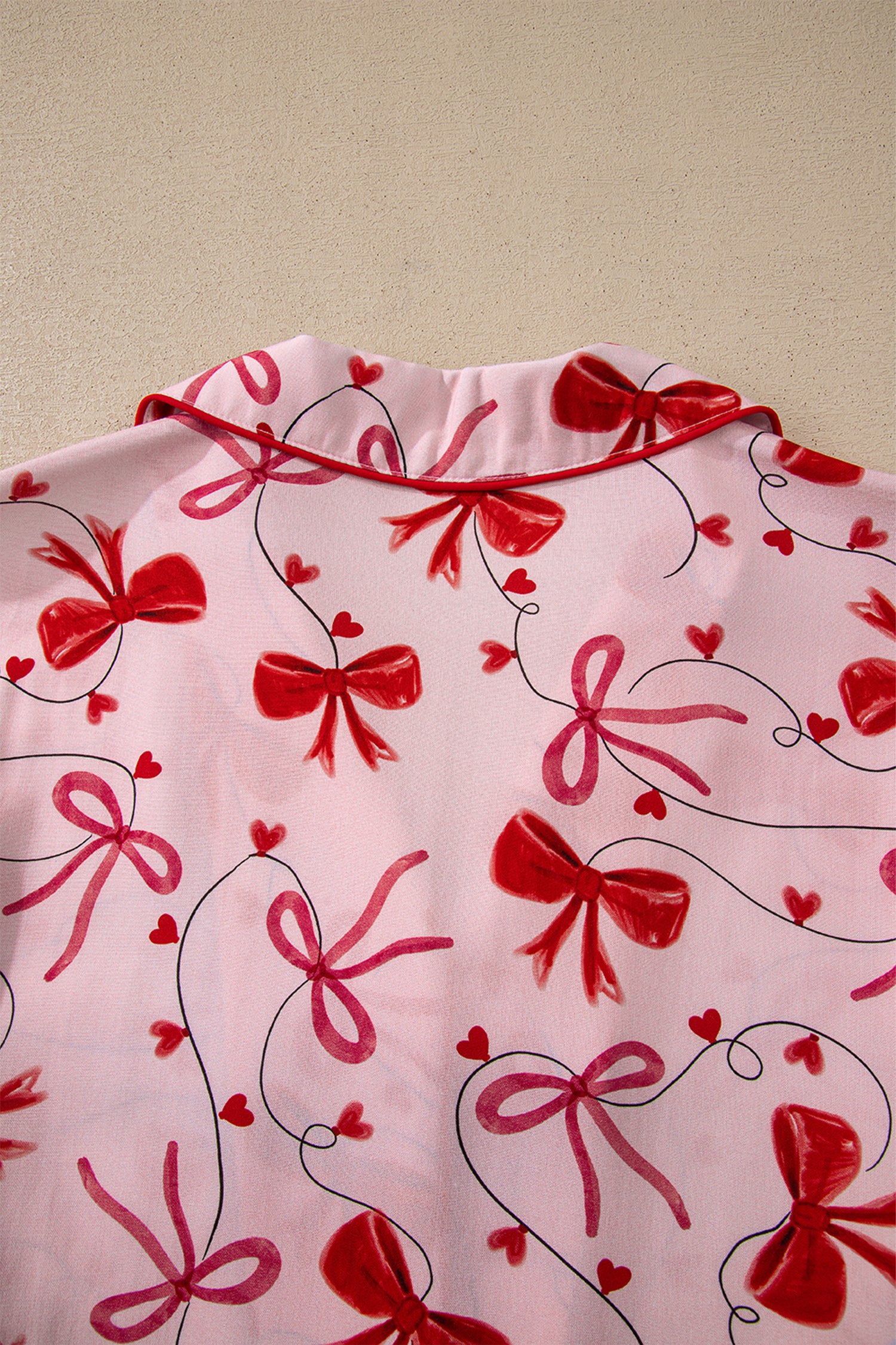 Red Bow Print Long Sleeve Shirt Shorts 2 Pcs Pajama Set 🇺🇸