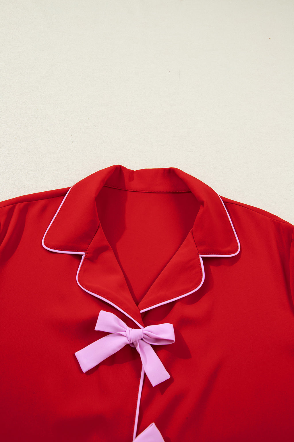 Fiery Red Contrast Trim Ribbon Bow Short Silky 2pcs Pajama Set 🇺🇸