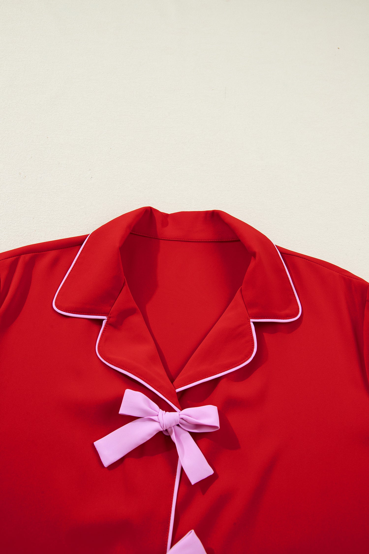 Fiery Red Contrast Trim Ribbon Bow Short Silky 2pcs Pajama Set 🇺🇸
