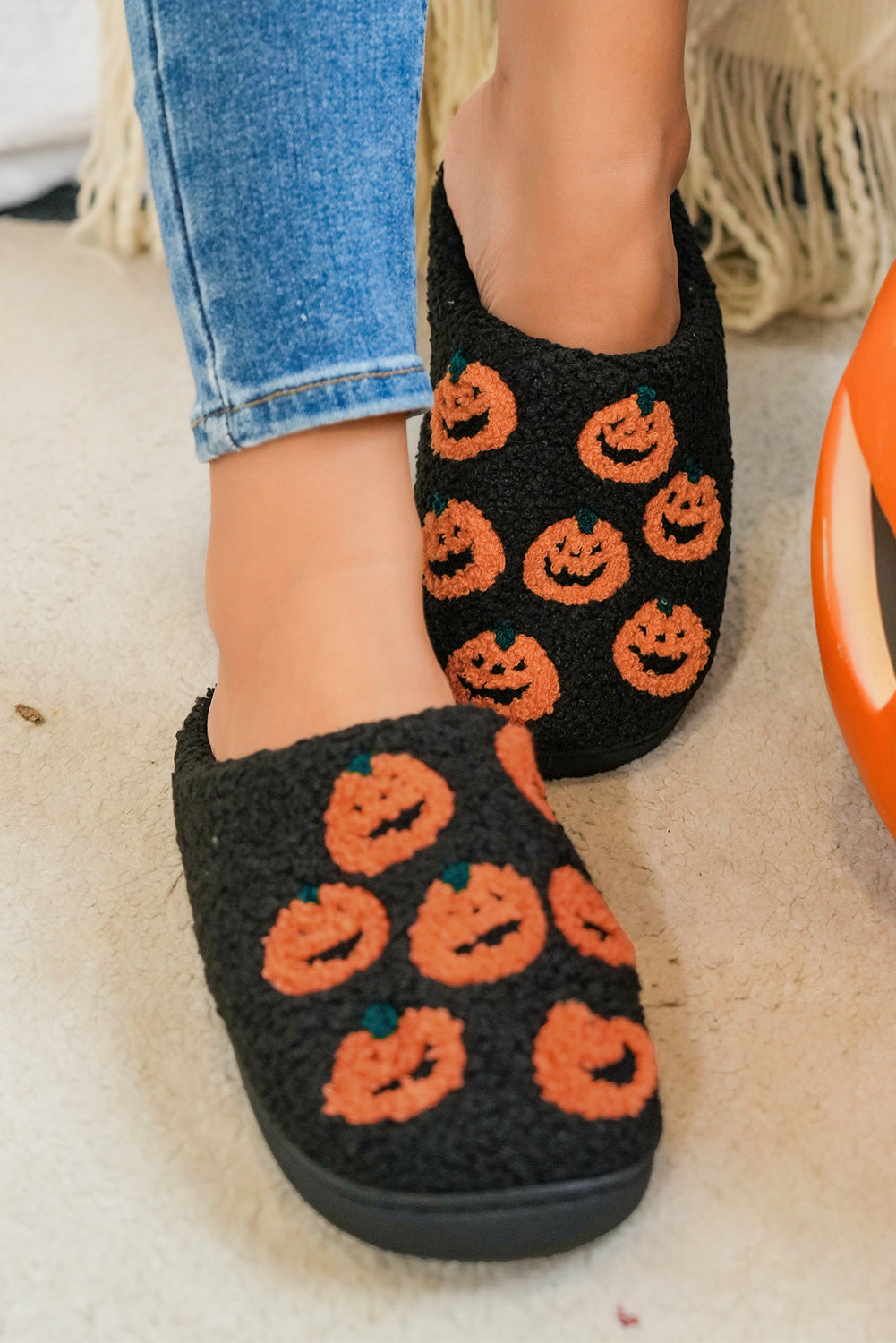 Black Halloween Pumpkin Plush Home Slippers 🇺🇸