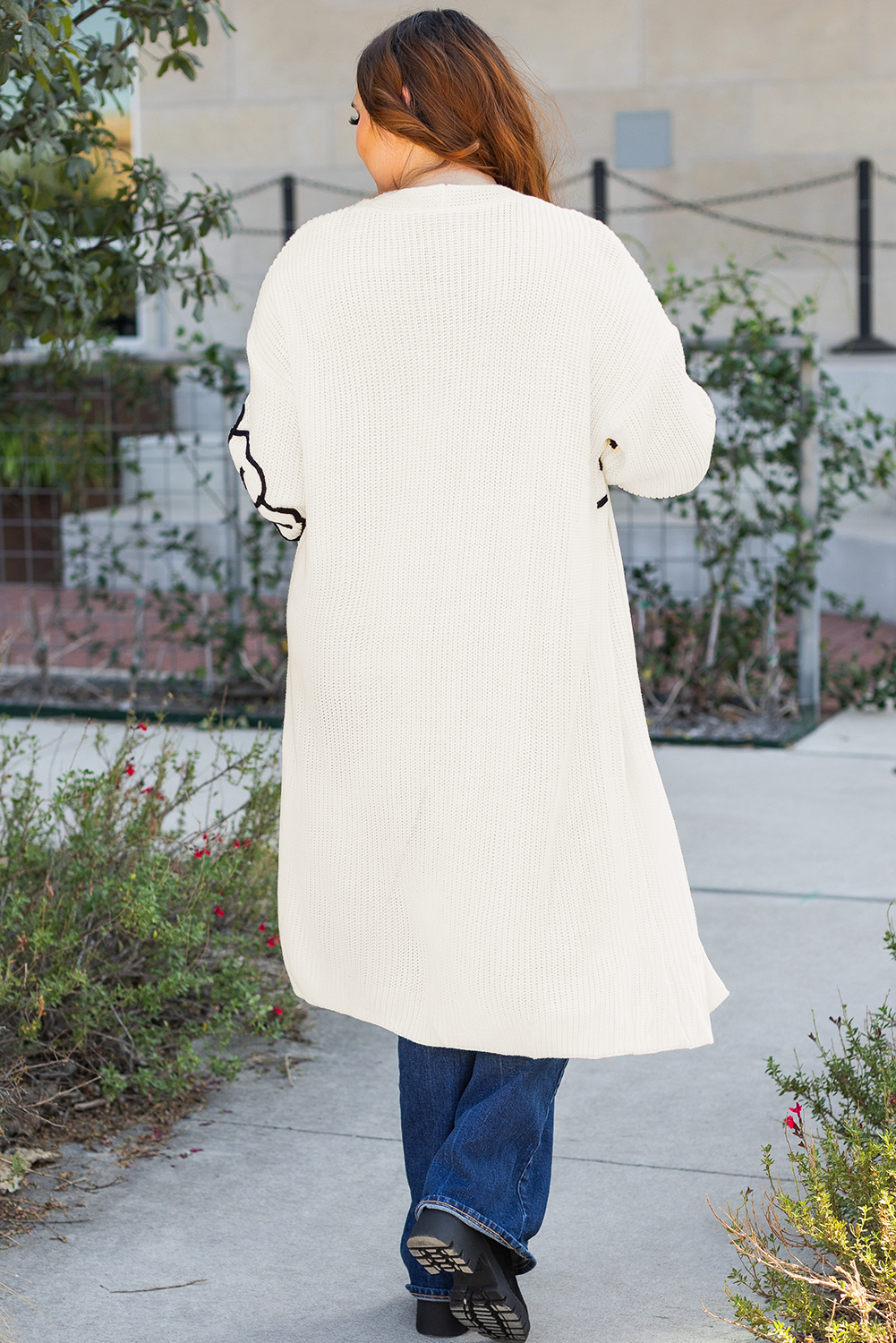 Beige Flower Embroidered Drop Shoulder Open Front Duster Cardigan 🇨🇳