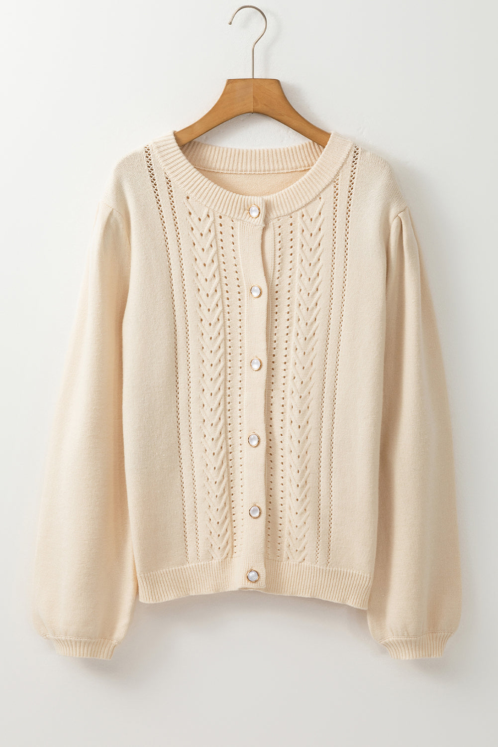 Apricot Pleated Sleeve Hollow Detail Button Sweater Cardigan 🇺🇲
