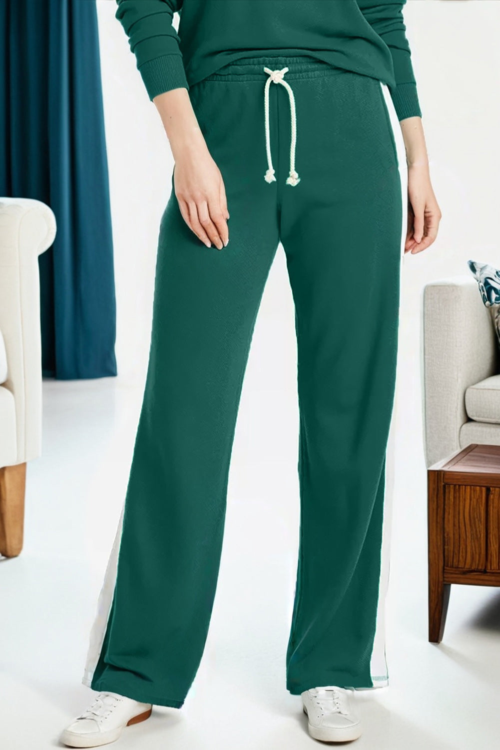 Sea Green Solid Color Pullover Top Varsity Stripe Detail Loose Drawstring Pants Set 🇺🇸