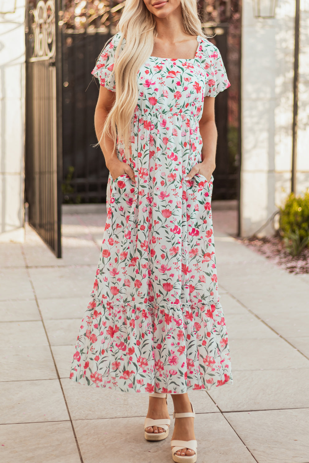 Pink Floral Puff Sleeve Square Neck Empire Waist Tiered Maxi Dress 🇨🇳