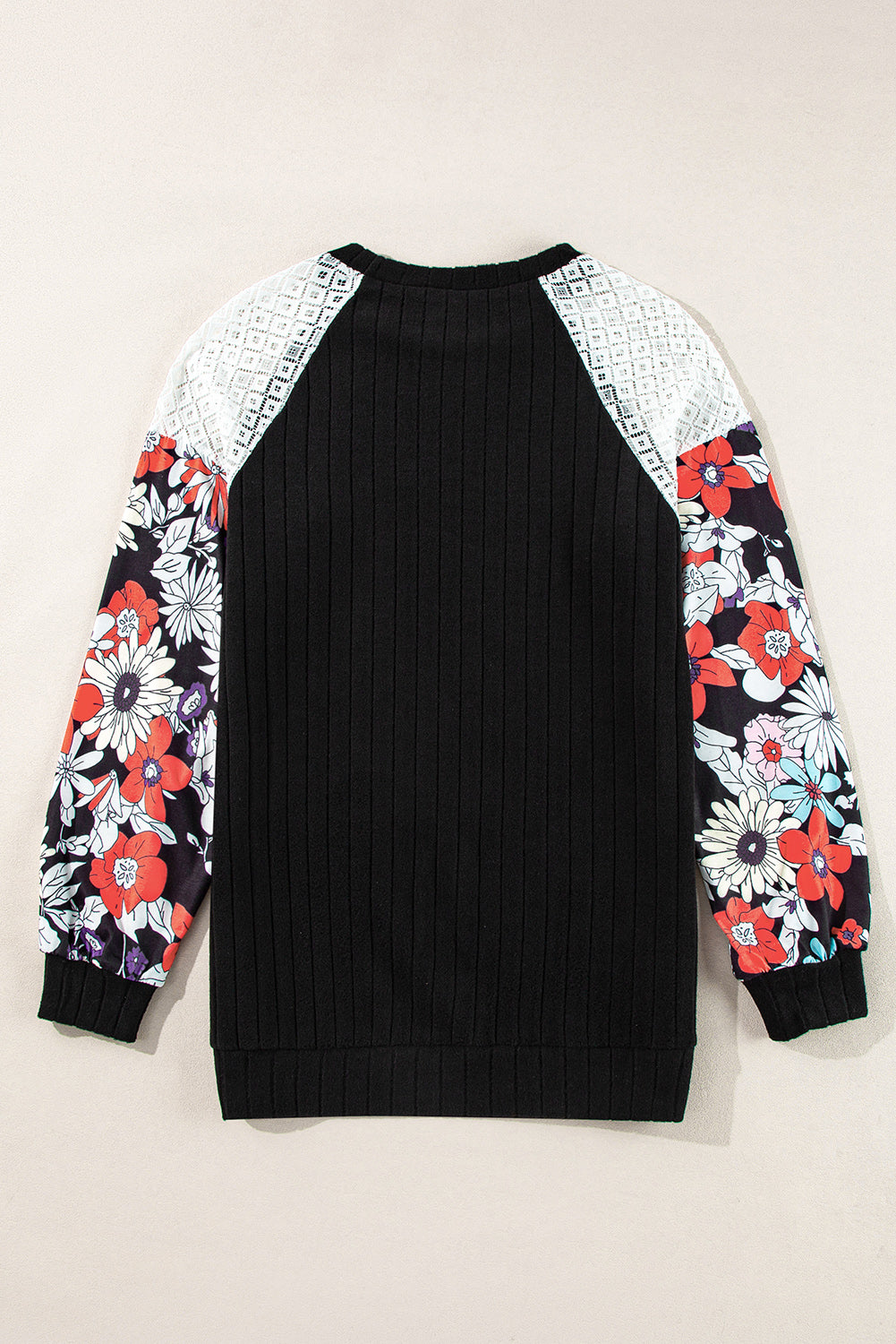 Black Floral Patchwork Long Sleeve Ribbed Blouse 🇺🇸