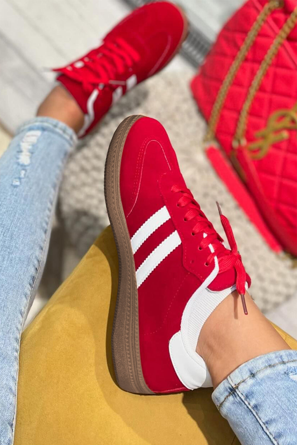 Fiery Red Vintage Striped Patchwork Lace-up Flat Shoes 🇺🇸