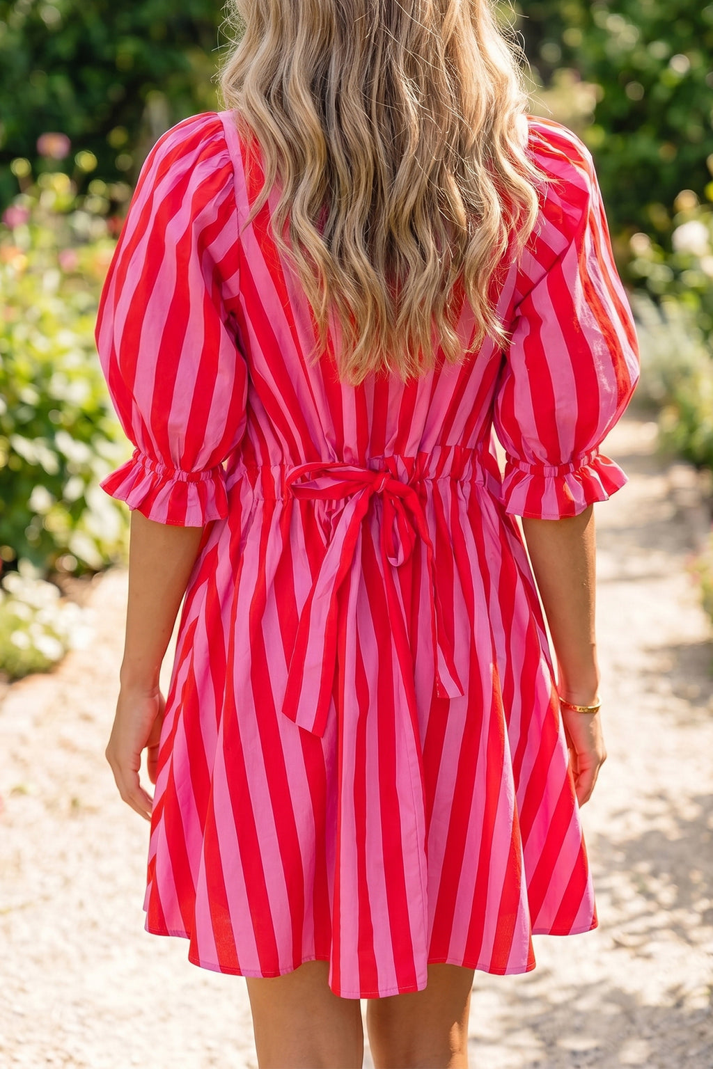 Red Stripe Half Button Puff Sleeve Loose Mini Dress 🇺🇸