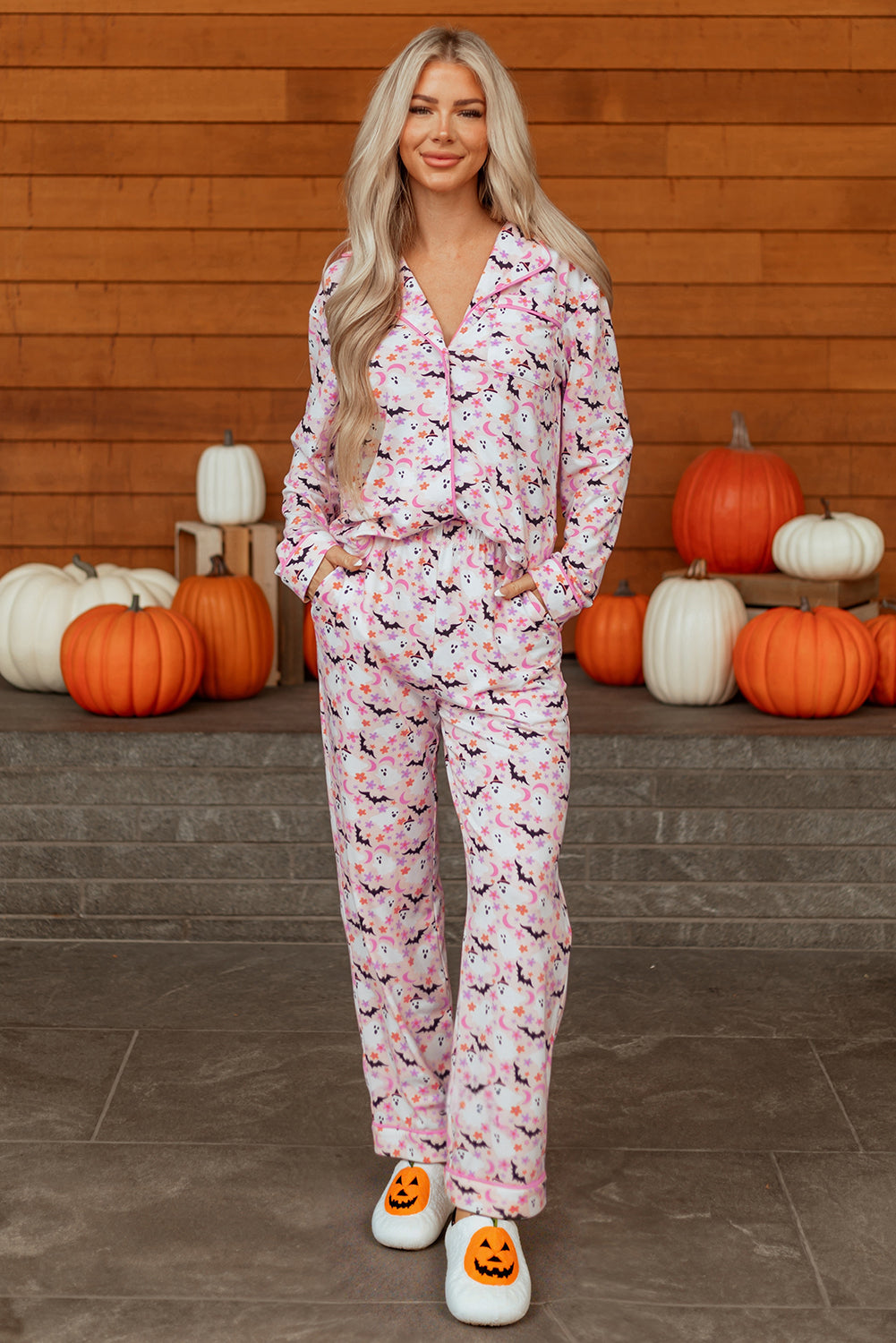 Pink Halloween Eve Haunted Honey Bat Print Pajama Set 🇺🇸