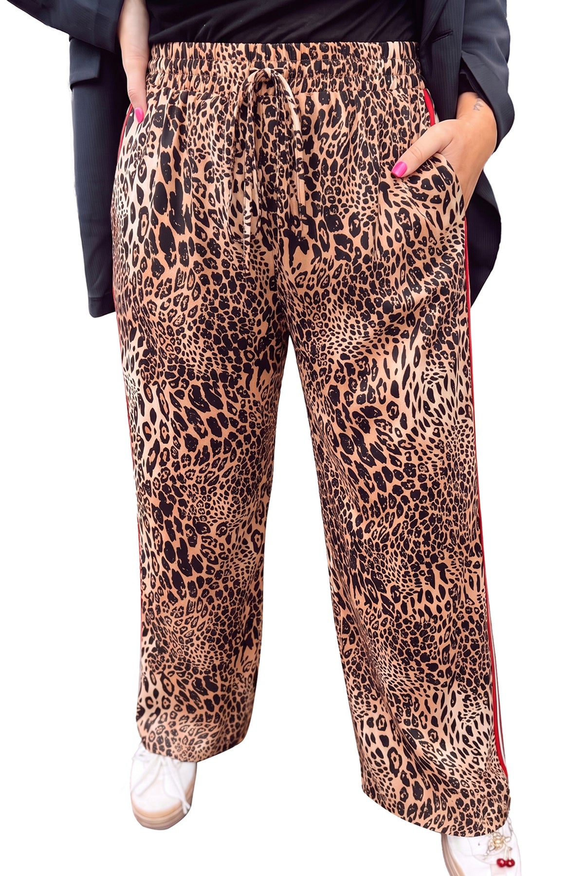 Khaki Leopard Print Colorblock Side Stripes Wide Leg Full Length Plus Size Pants 🇺🇸