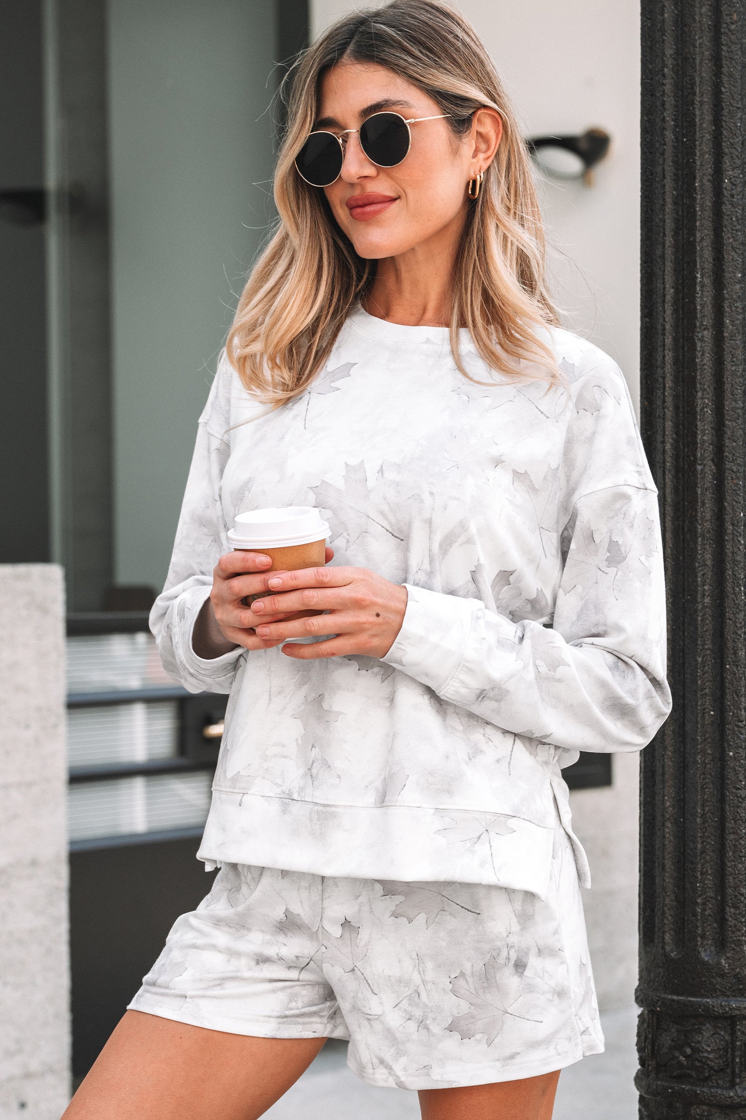 Beige Maple Camo Print Pullover Top and Elastic Waist Casual Short Set 🇺🇸