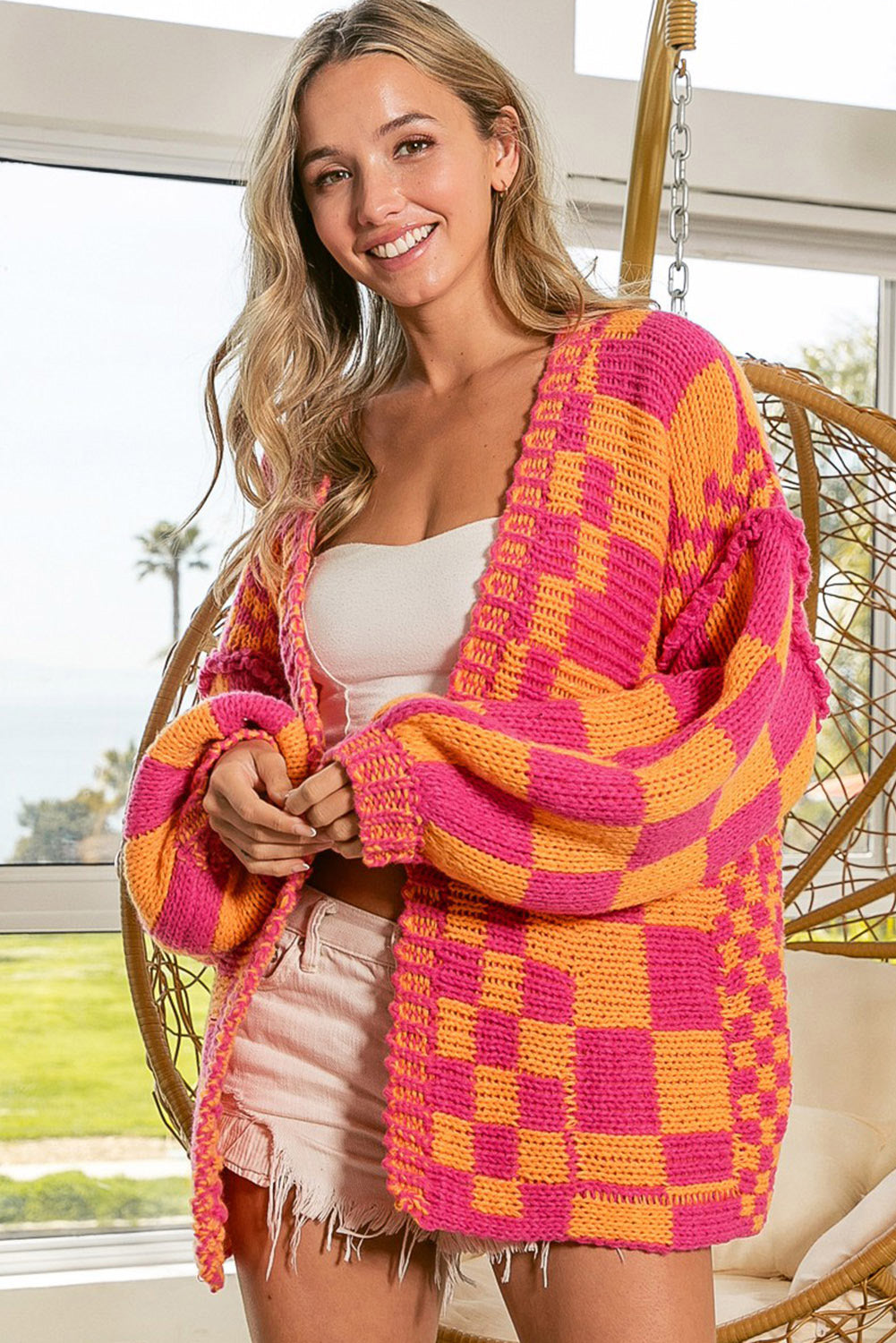 Multicolor Open Front Mixed Checkered Pattern Knit Cardigan 🇨🇳