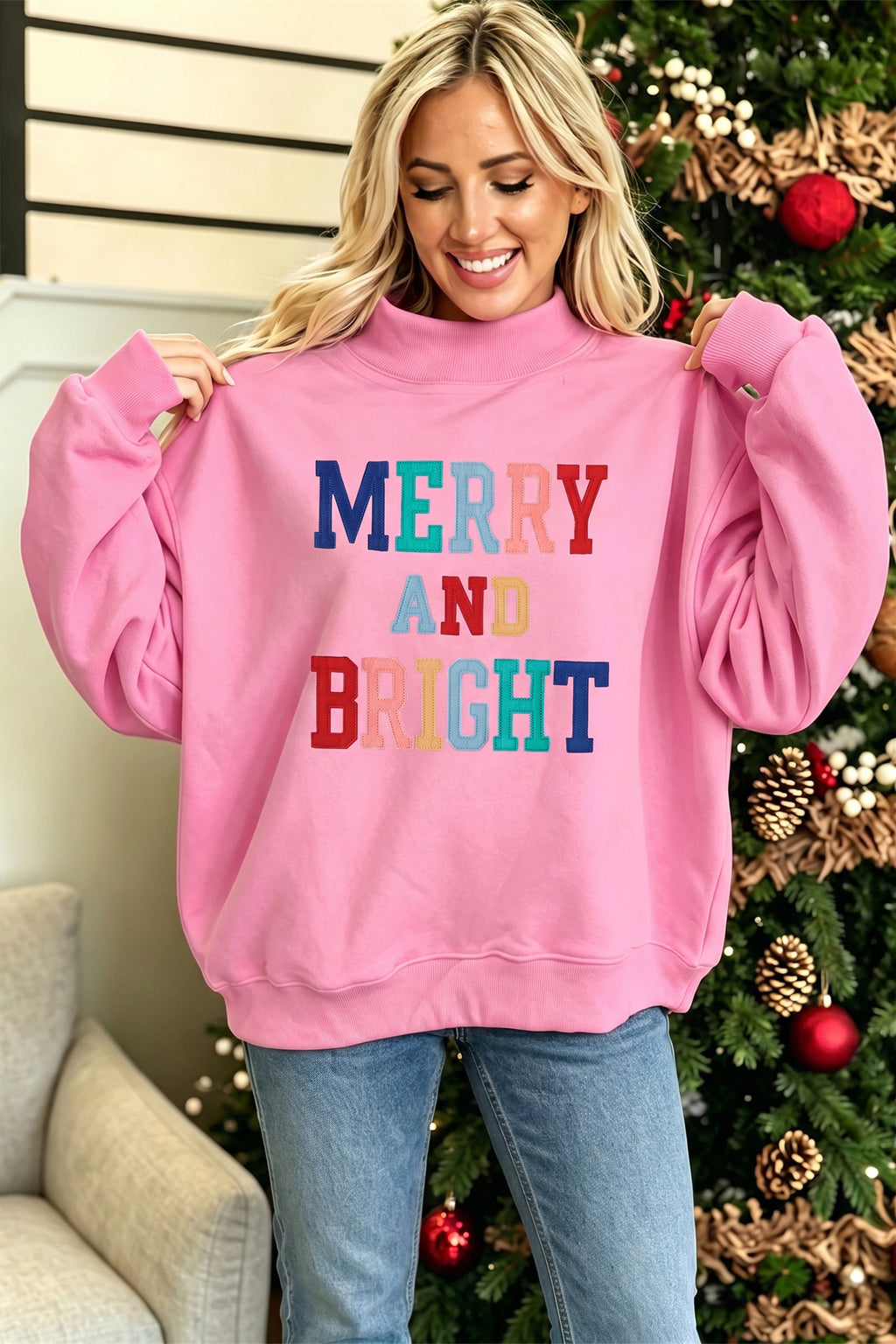 White MERRY AND BRIGHT Stitched Letter Pattern Mock Neck Sweatshirt 🇺🇸