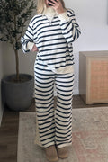 Blue Stripe Striped Ribbed Cuff Collar Pocket Loose Pant Set 🇺🇸