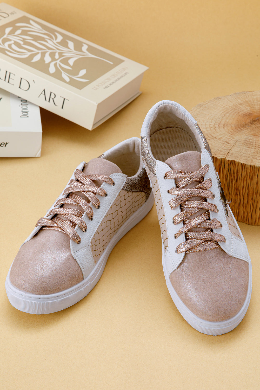 Gold Glitter Star Patchwork PU Leather Lace-up Sneakers 🇺🇸