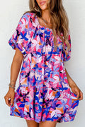 Purple Flower Print Short Puff Sleeve Ruffled Dress 🇺🇸