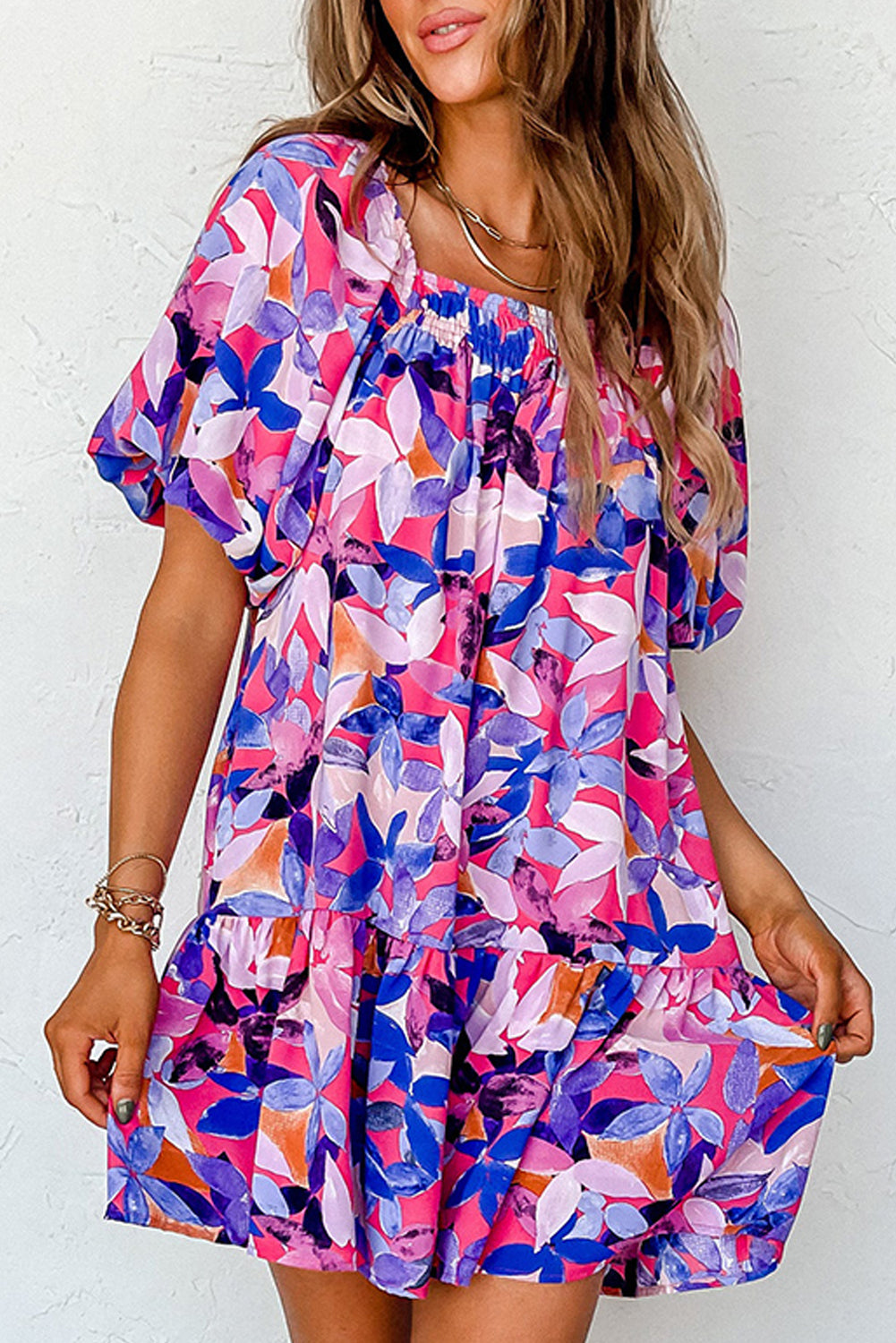 Purple Flower Print Short Puff Sleeve Ruffled Dress 🇺🇸