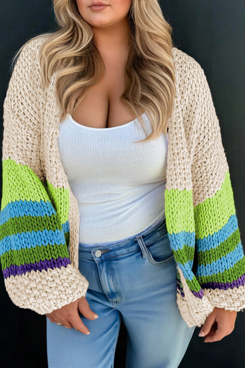 Parchment Color Block Crochet Open Front Plus Size Cardigan 🇺🇸
