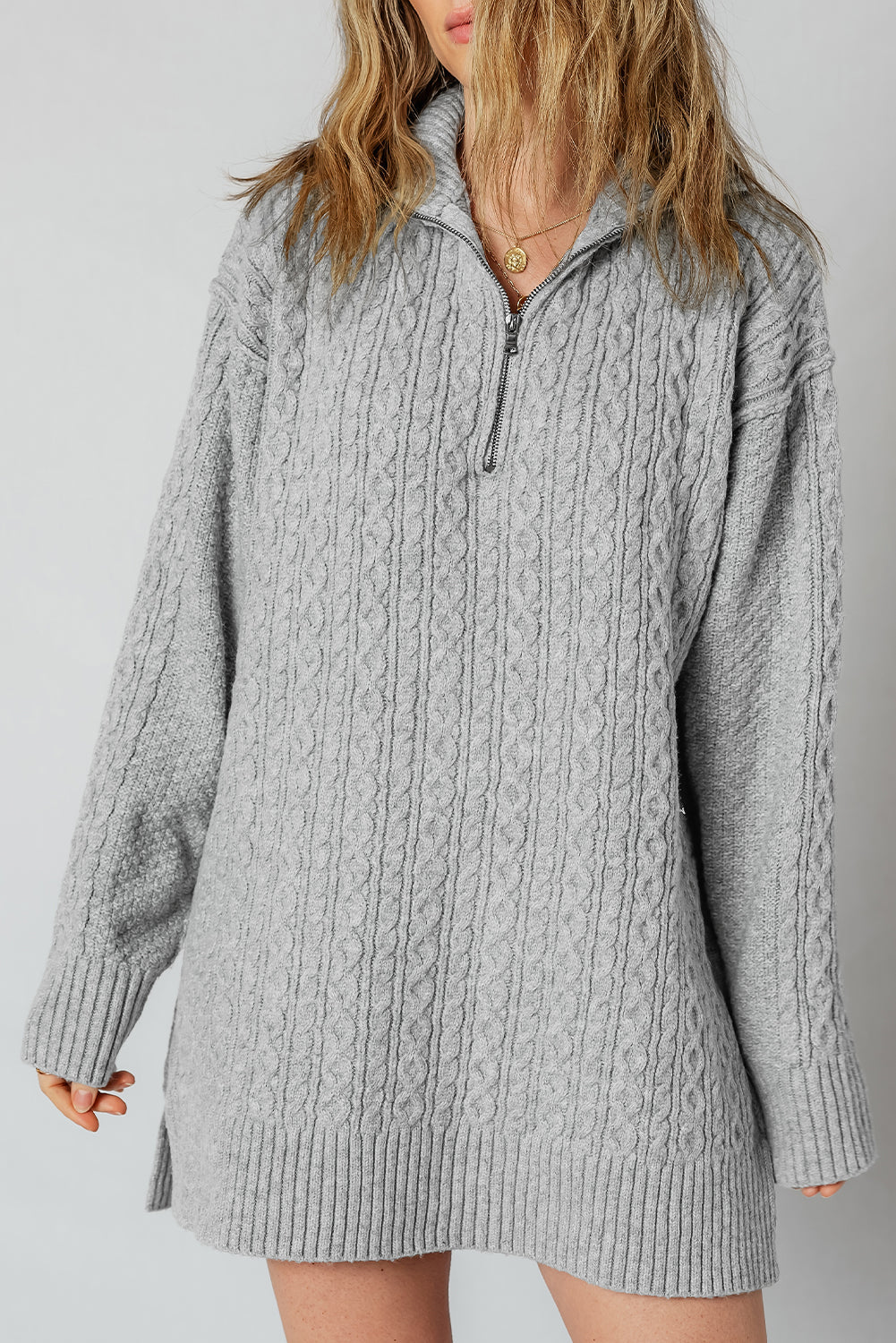 High Cable Knit Quarter Zip Ribbed Trim Loose Sweater Dress 🇺🇸