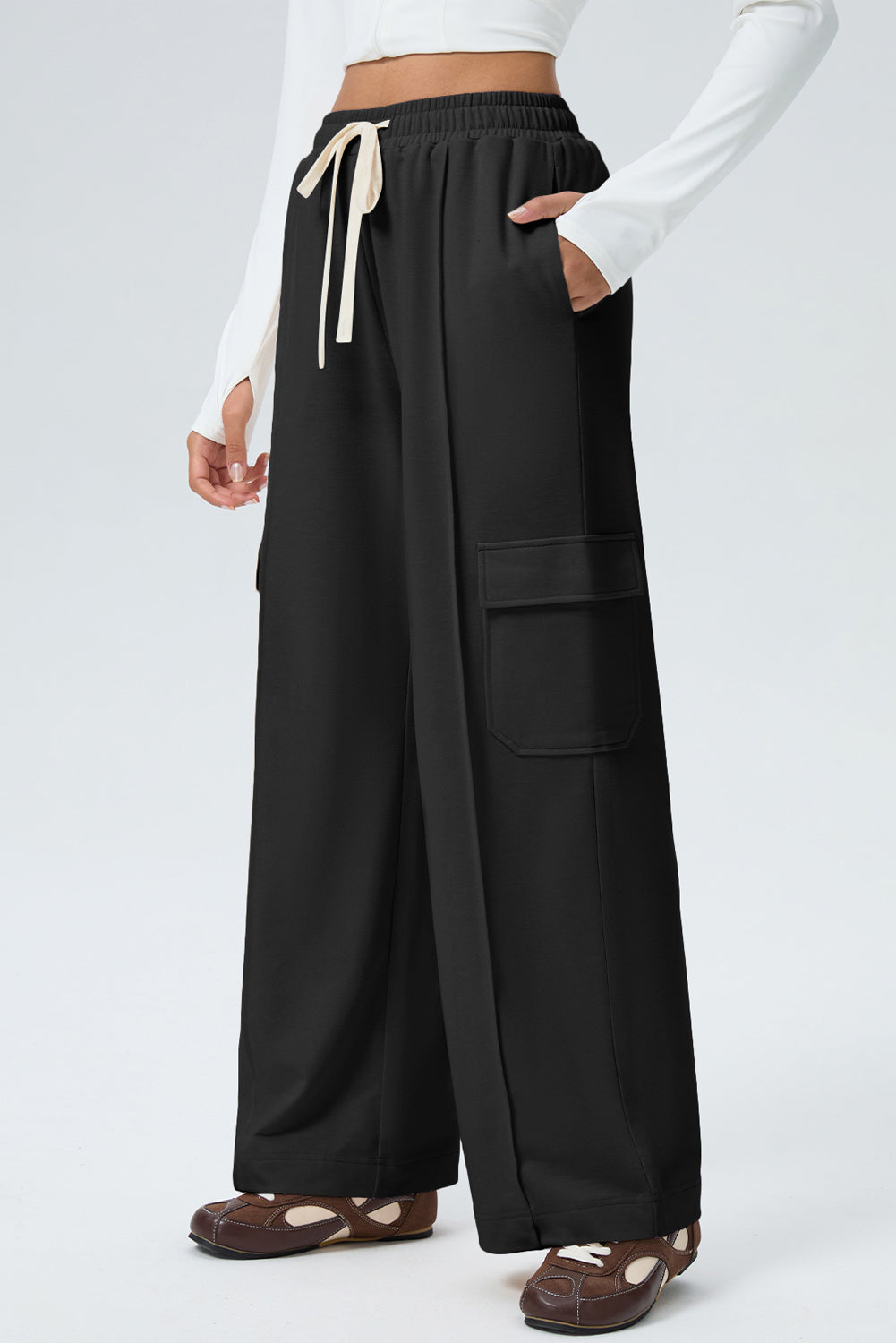 Black Solid Color Drawstring Elastic Waist Cargo Patch Pocket Active Pants 🇺🇸