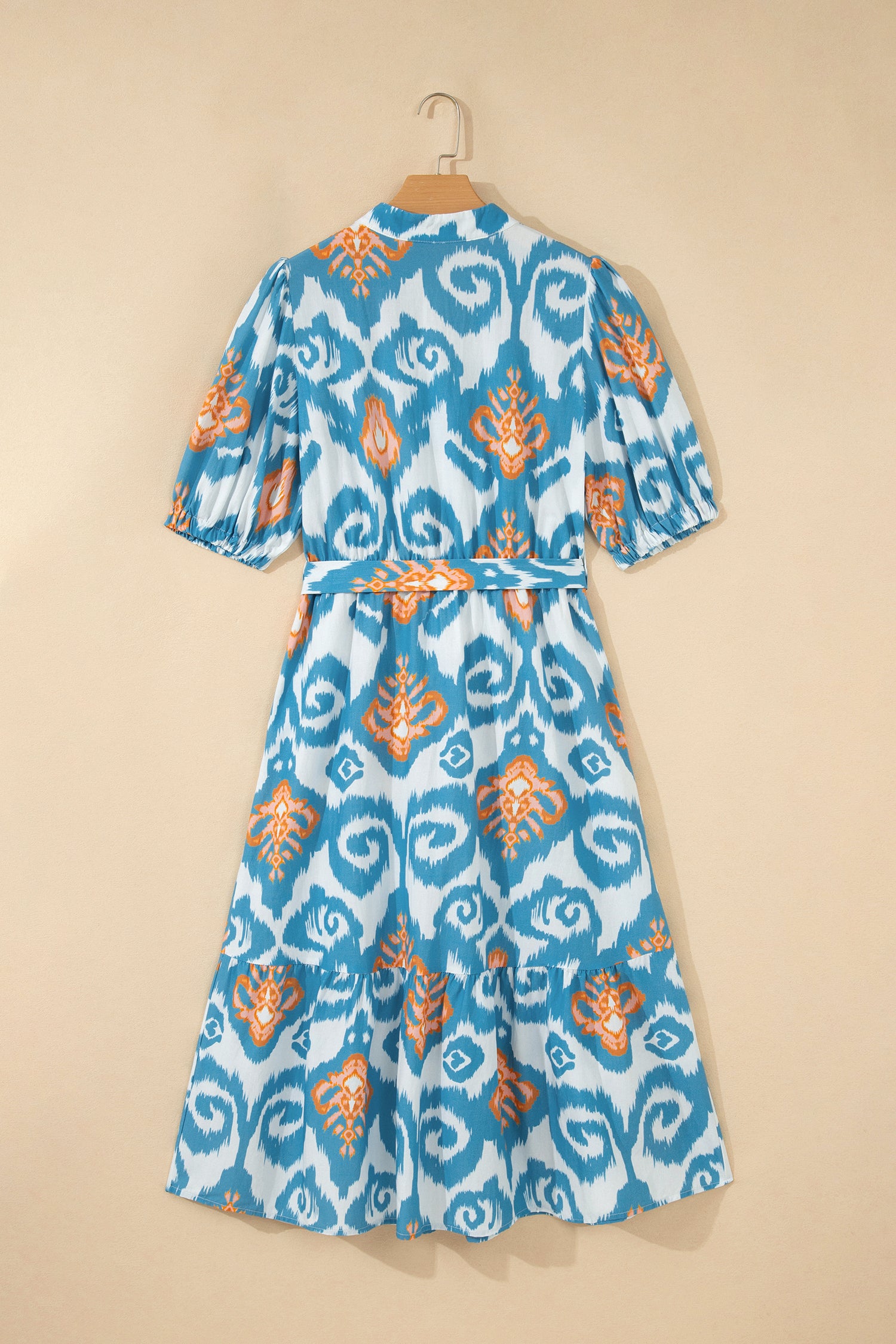 Sky Blue Boho Floral Print Short Puff Sleeve Button Down Ruffle Hem Midi Dress 🇺🇸