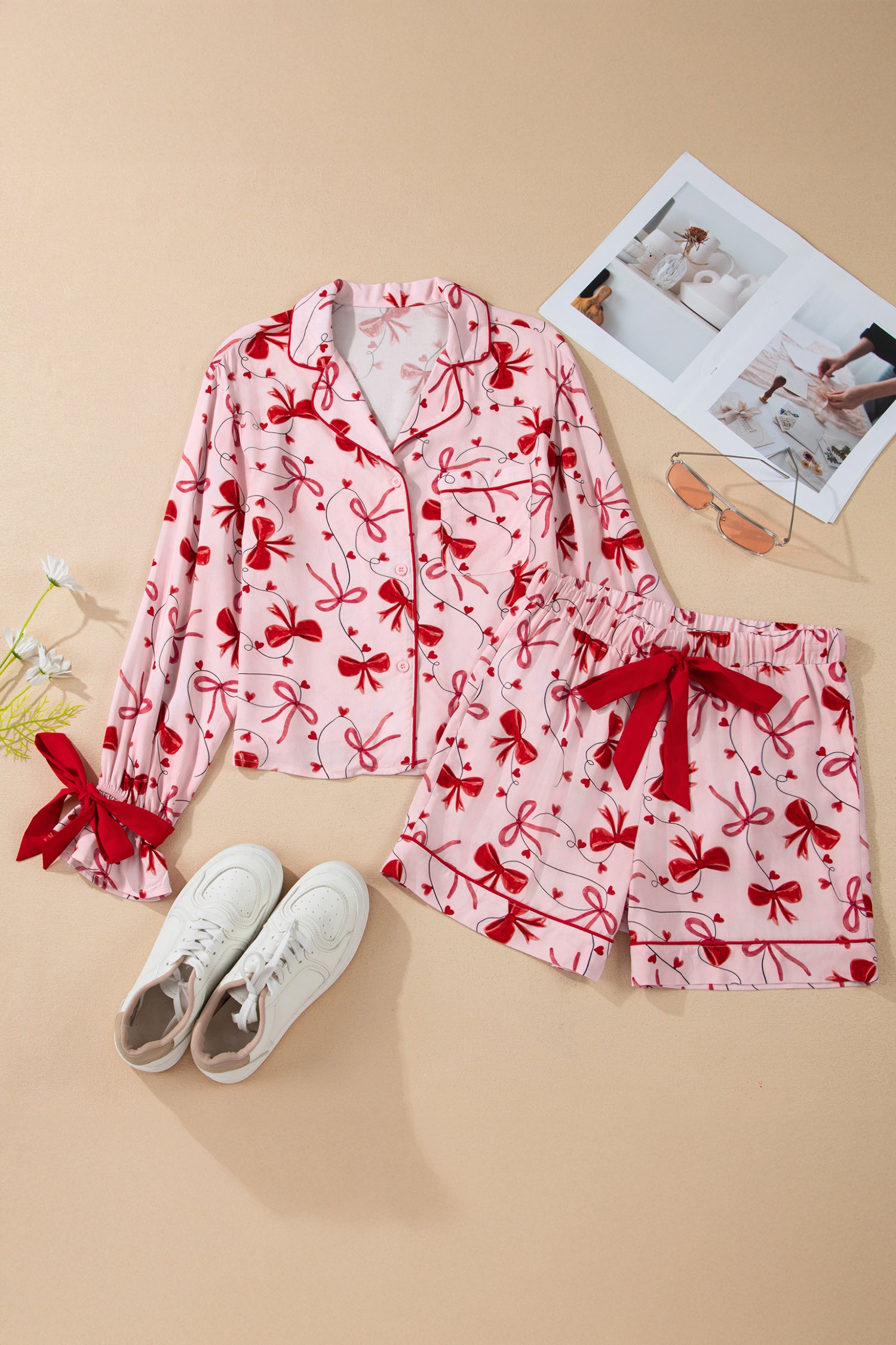 Red Bow Print Long Sleeve Shirt Shorts 2 Pcs Pajama Set 🇺🇸