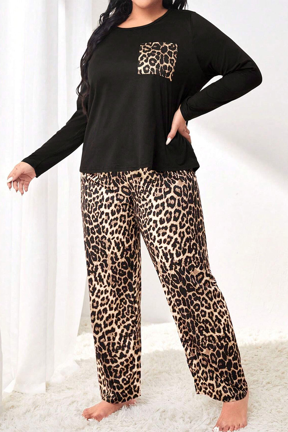 Black Leopard Patched Pocket Long Sleeve Top Plus Size Pants Set 🇺🇸