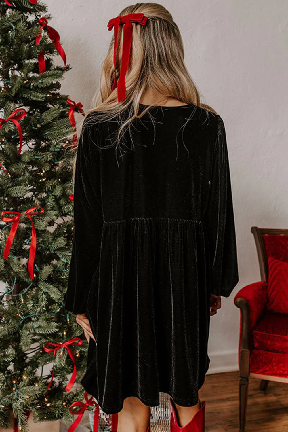 Black Front Tie Velvet Bubble Sleeve Mini Dress 🇺🇸