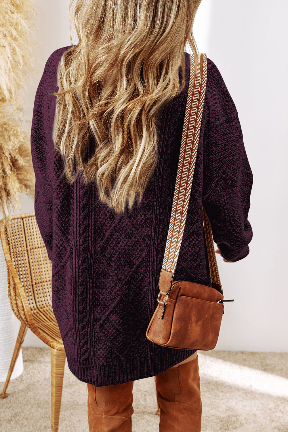 Burgundy Cable Knit Drop Shoulder Loose Fit Sweater Dress 🇺🇸