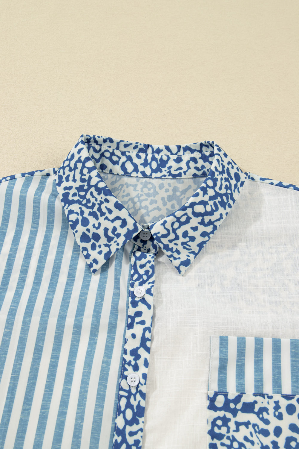 Sky Blue Leopard Striped Patchwork Casual Plus Shirt 🇺🇸