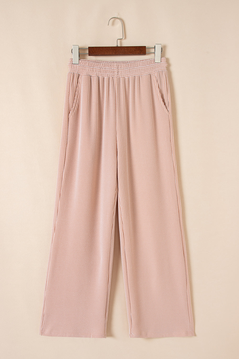 Smoke Gray Solid Corded Knit Short Sleeve T Shirt and Wide Leg Pants Set 🇨🇳