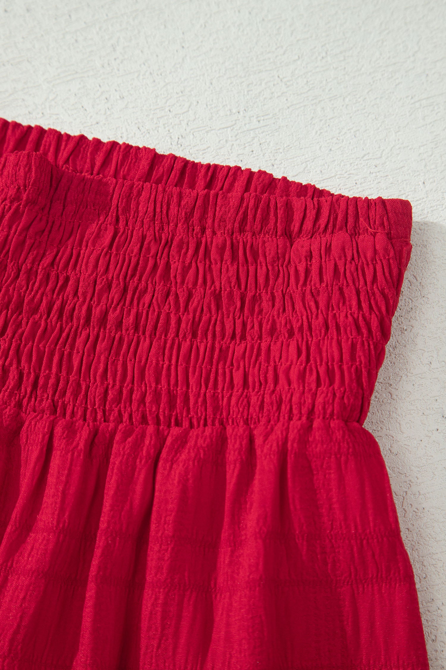 Fiery Red Textured Square Neck Top and Shirred High Waist Shorts Set 🇺🇸