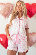 Pink Bowknot Printed Short Sleeve and Ruffled Shorts Pajama Set 🇨🇳