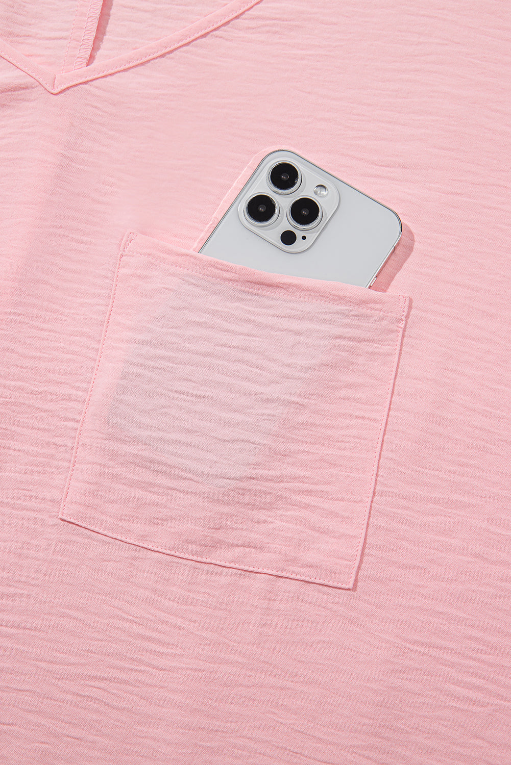 Pink Textured Half Sleeve V Neck Plus Size T Shirt with Chest Pocket 🇺🇲