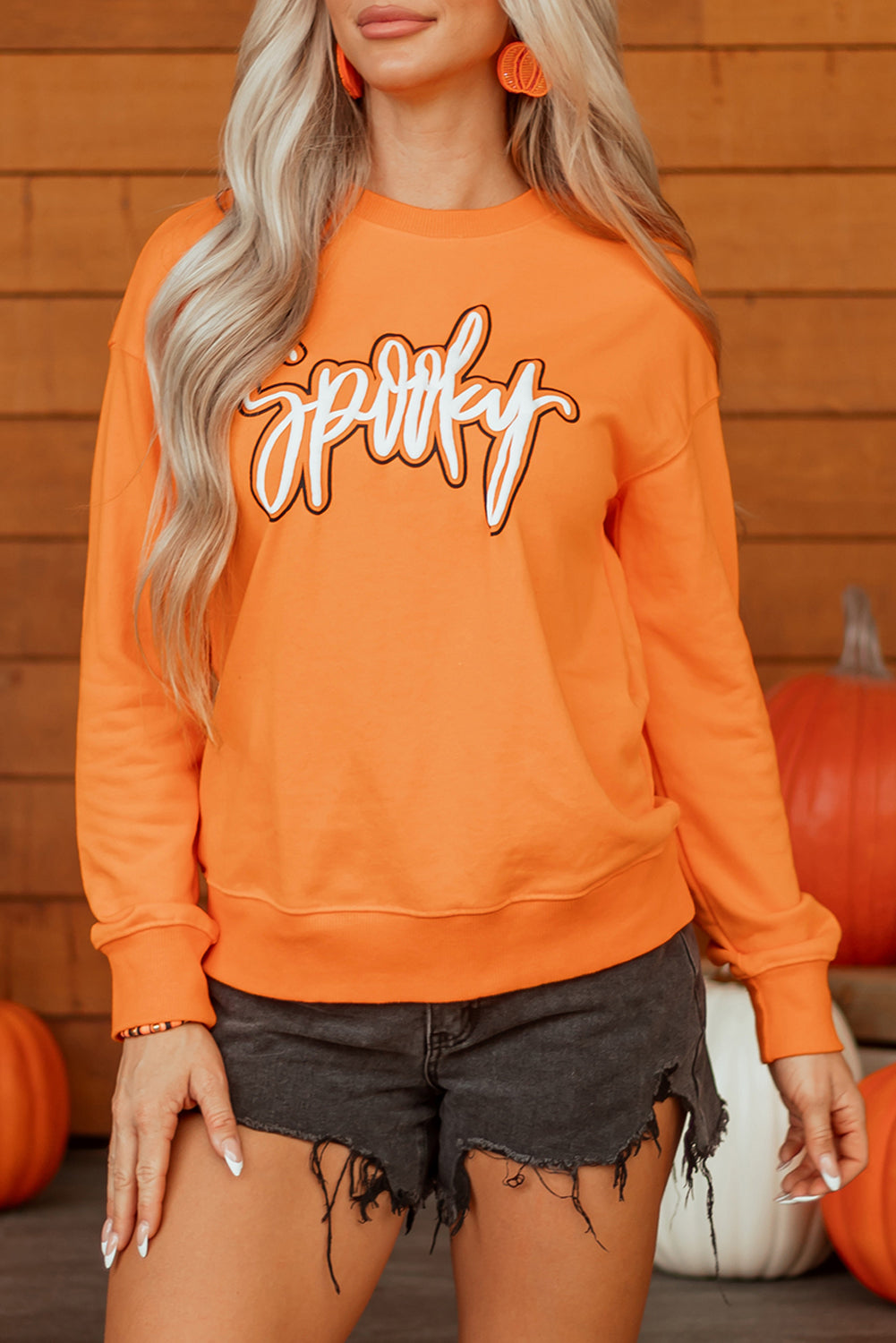 Grapefruit Orange Spooky Graphic Halloween Crew Neck Holiday Sweatshirt 🇺🇸