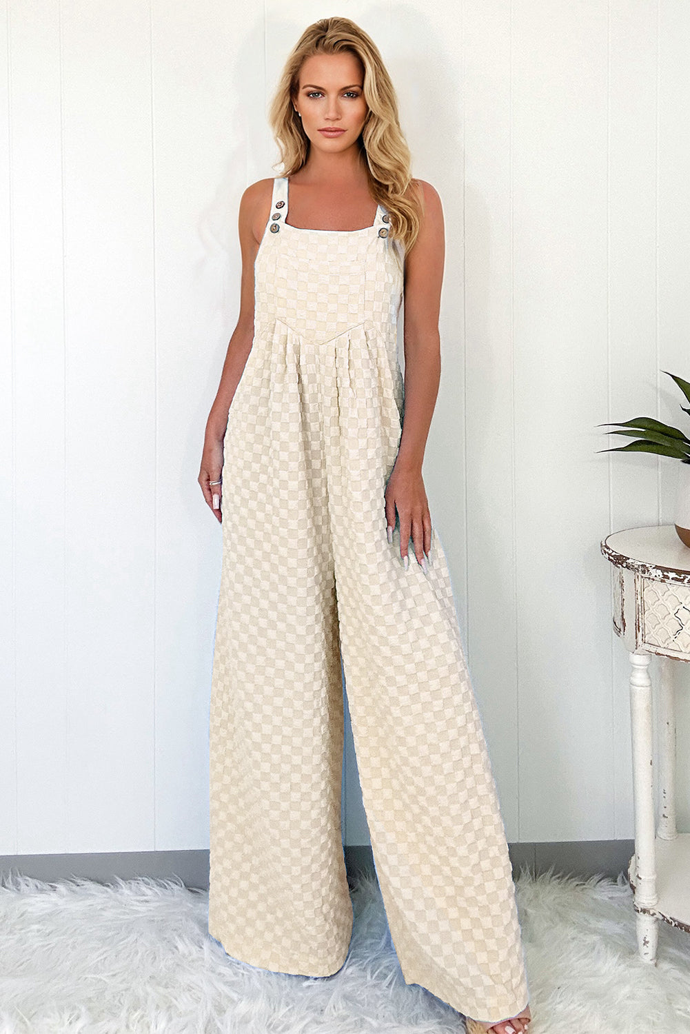 Beige Checkered Pocketed High Waist Wide Leg Overall 🇨🇳