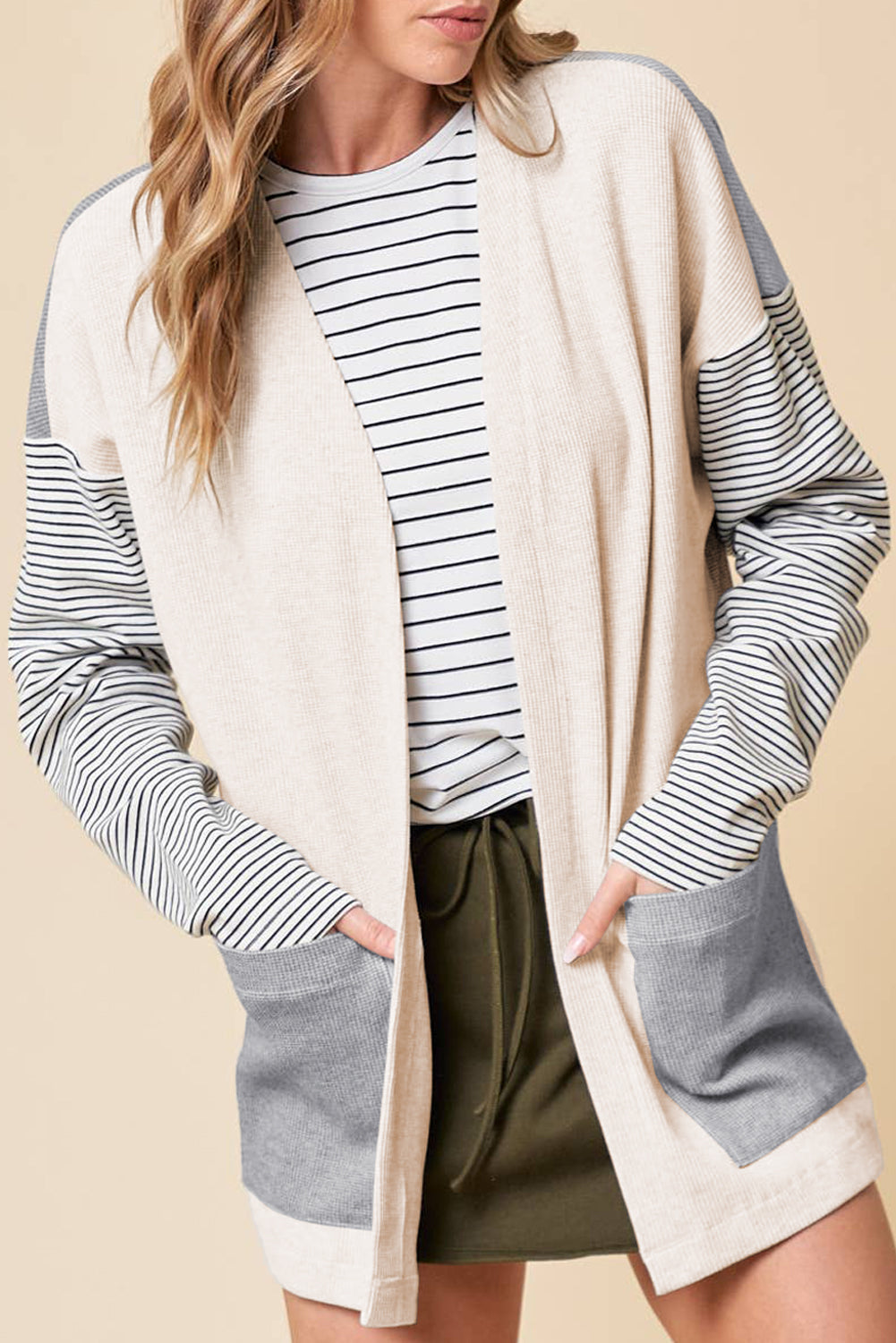 Black Stripe Colorblock Patchwork Open Front Cardigan with Pocket 🇺🇲