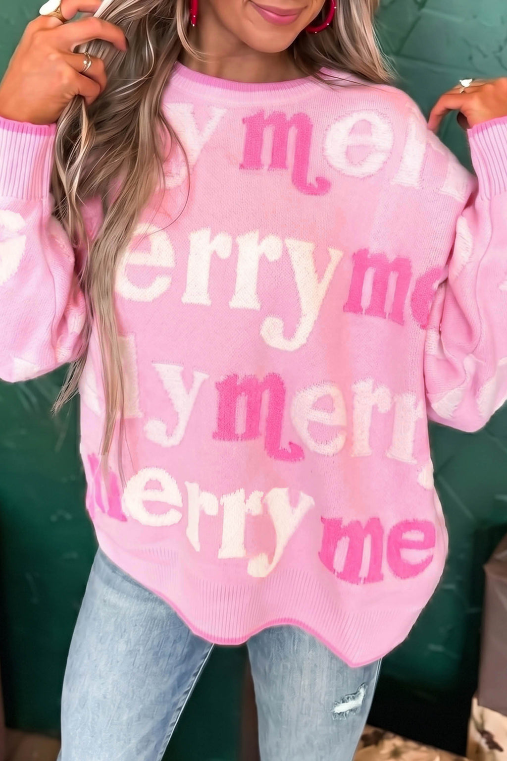 Pink All Over Merry Me Graphic Round Neck Knit Sweater 🇺🇸