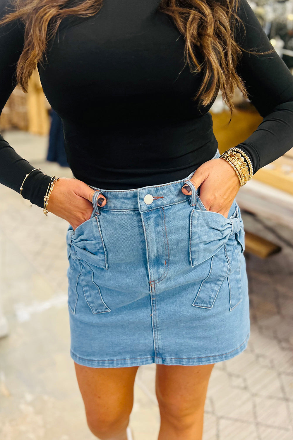 Dusk Blue Acid Wash Bowknot Details High Waist Denim Skirt 🇨🇳