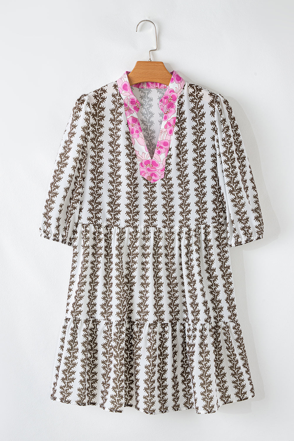 Black Contrast Floral V Neck Printed Bracelet Sleeve Dress 🇨🇳